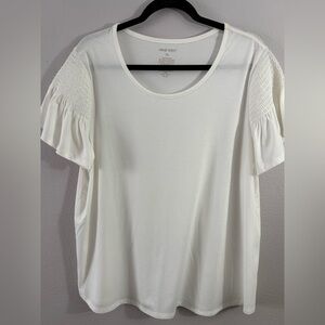 Nine West White Short Sleeve Smocked Ruffle Sleeve Top